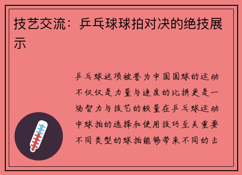 技艺交流：乒乓球球拍对决的绝技展示